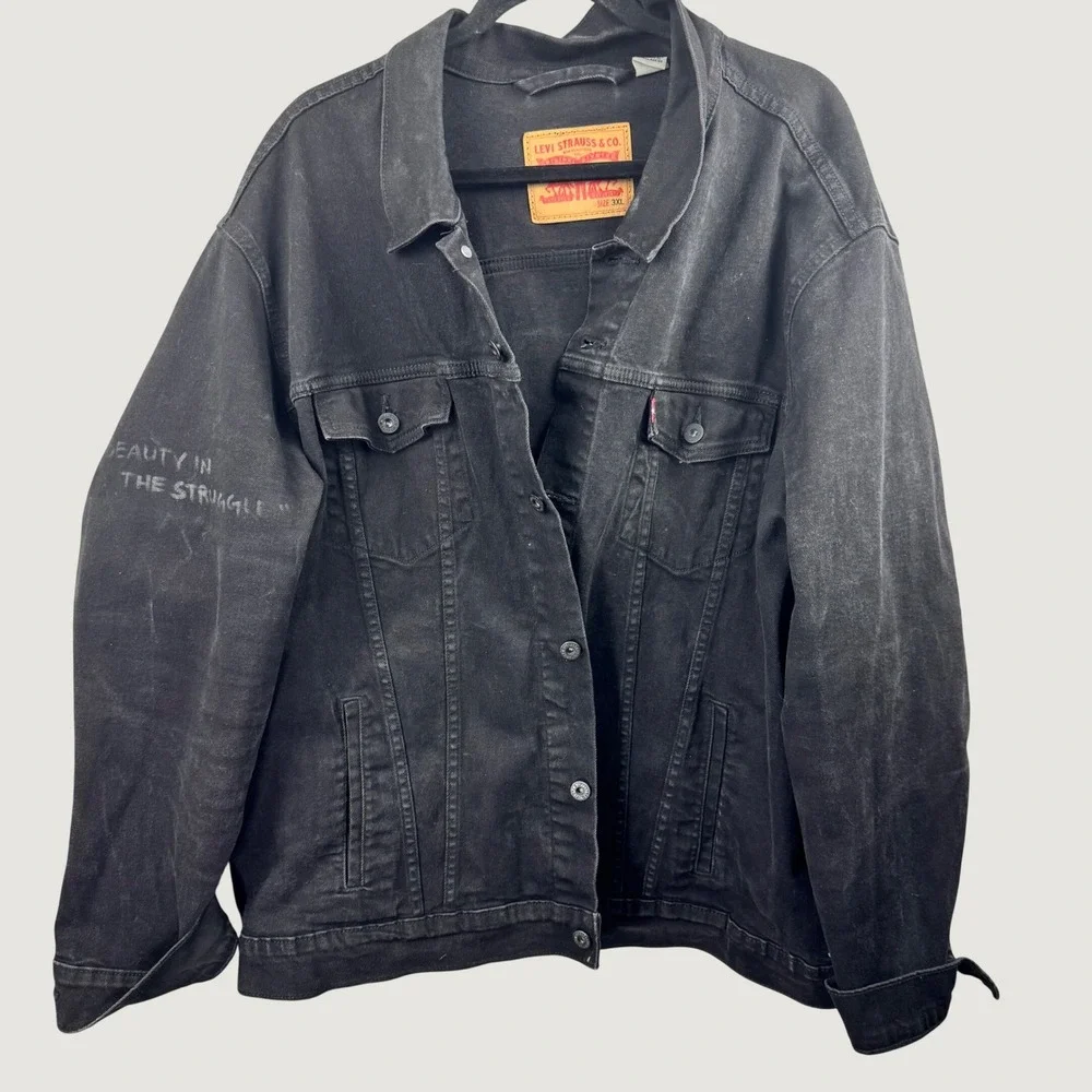Levis Trucker Jacket Mens 3XL Black Graphic Sleeve Streetwear Custom Denim